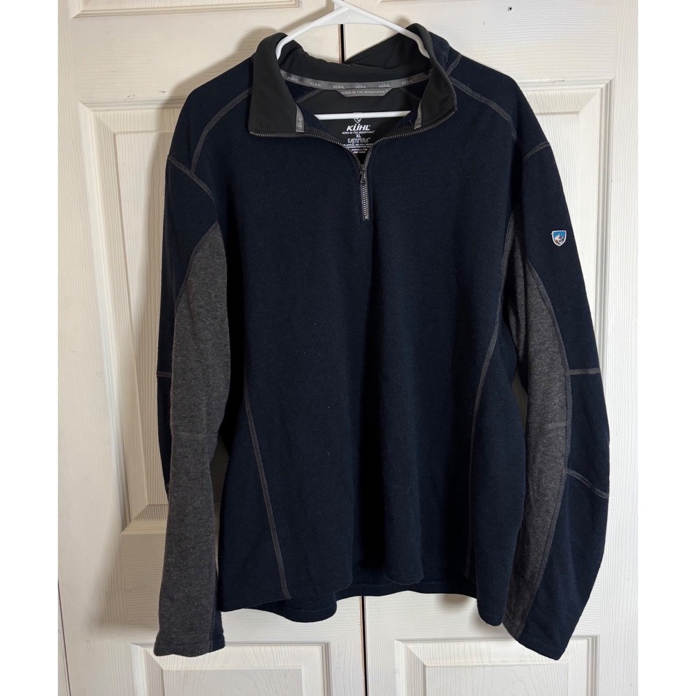 Kuhl Kashmira Mens XL Quarter Zip Fleece Pullover Navy Blue Gray 1/4 Zip Sweater